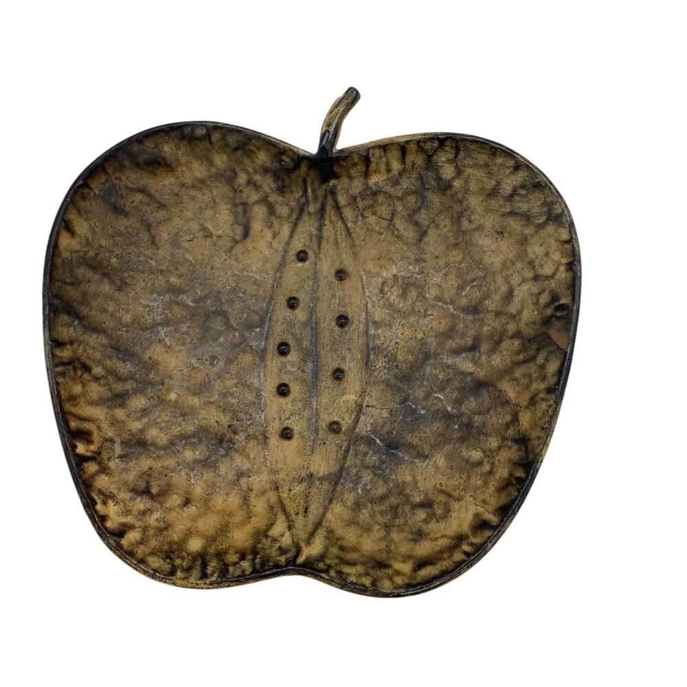 Vtg Primitive Rustic Hammered Apple Metal Platter Tray 10"x10" Footed‎